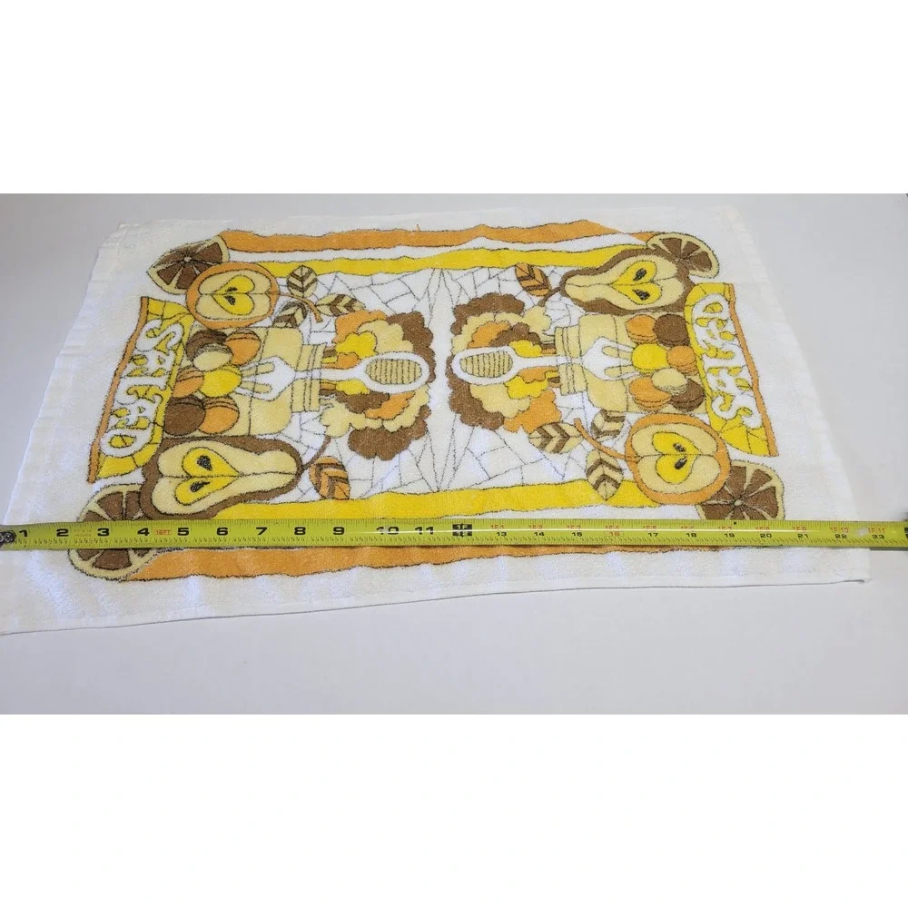 Vintage 70s Retro Fruit Salad Kitchen Towel White Cotton Yellow Orange Brown MCM